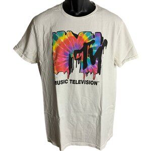 MTV Music Television Crewneck T Shirt L White Tie Dye Short Sleeve Graphic